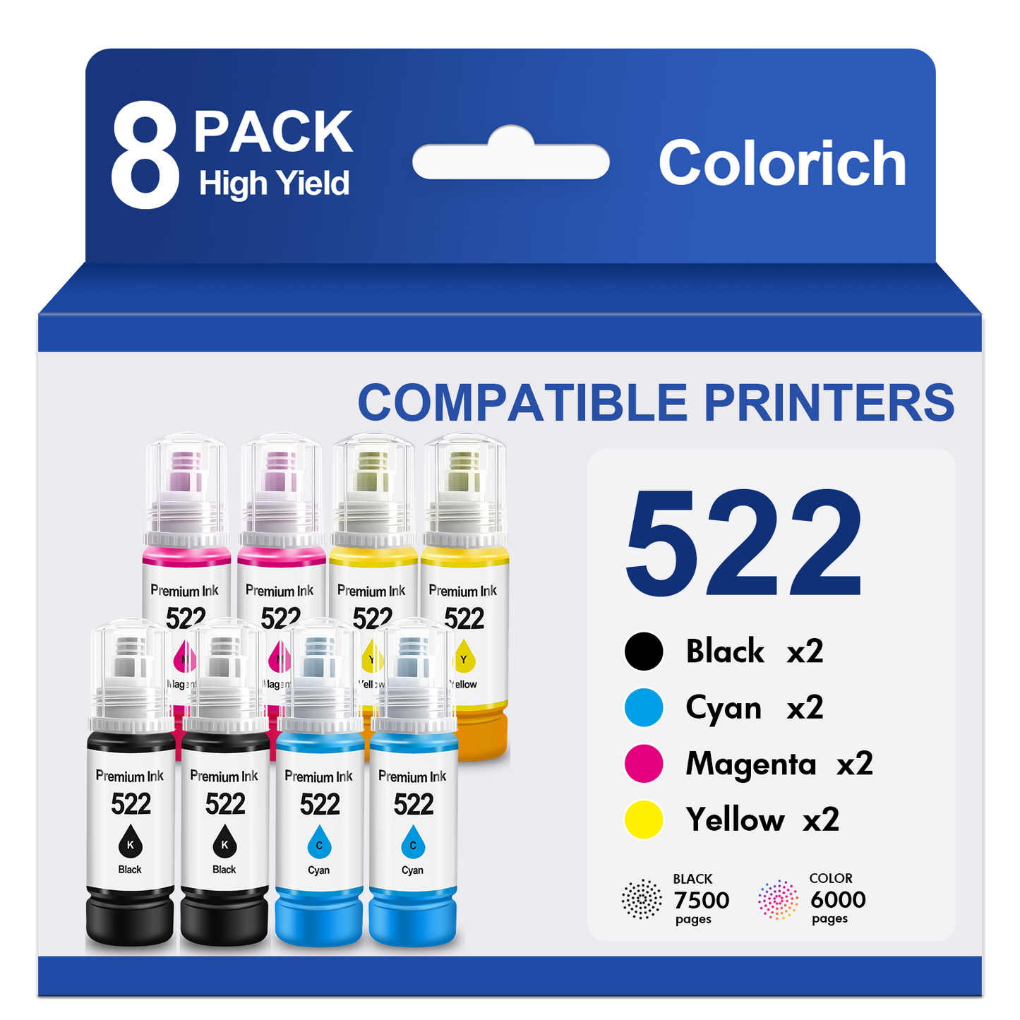 522 Ink Refill Bottles Compatible for Epson Ink 522 for EcoTank Printers ET-2800 ET-2400 ET-2720 ET-2803 ET-2840 ET-4700 ET-4800 ET-4810 (8 Pack)