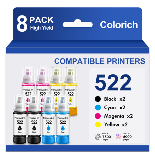522 Ink Refill Bottles Compatible for Epson Ink 522 for EcoTank Printers ET-2800 ET-2400 ET-2720 ET-2803 ET-2840 ET-4700 ET-4800 ET-4810 (8 Pack)