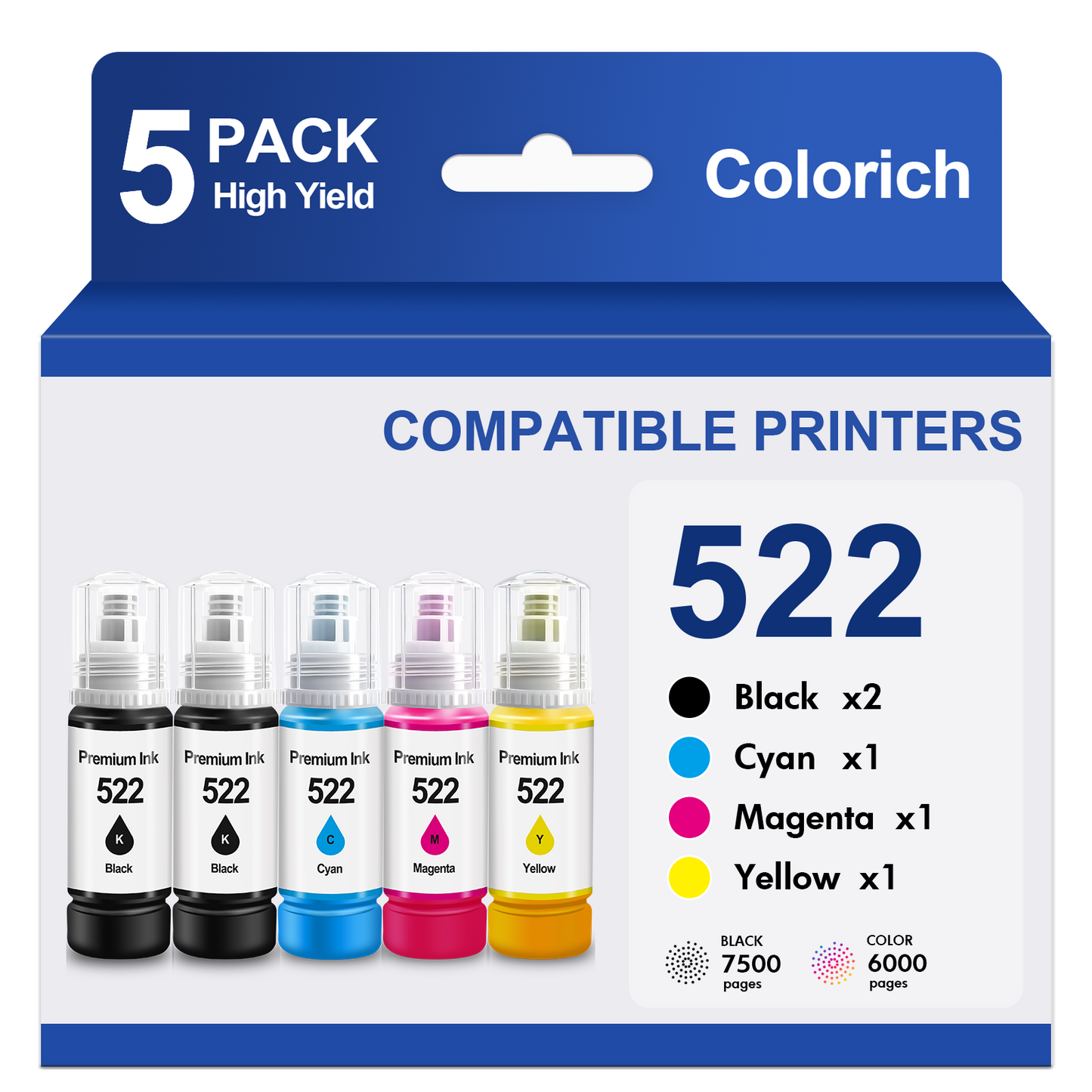 522 Ink Refill Bottles Compatible for Epson Ink 522 for EcoTank Printers ET-2800 ET-2400 ET-2720 ET-2803 ET-2840 ET-4700 ET-4800 ET-4810 (5 Pack)