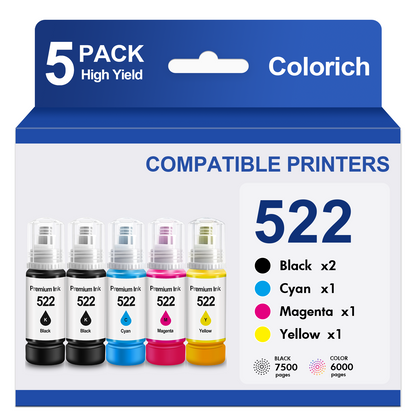 522 Ink Refill Bottles Compatible for Epson Ink 522 for EcoTank Printers ET-2800 ET-2400 ET-2720 ET-2803 ET-2840 ET-4700 ET-4800 ET-4810 (5 Pack)