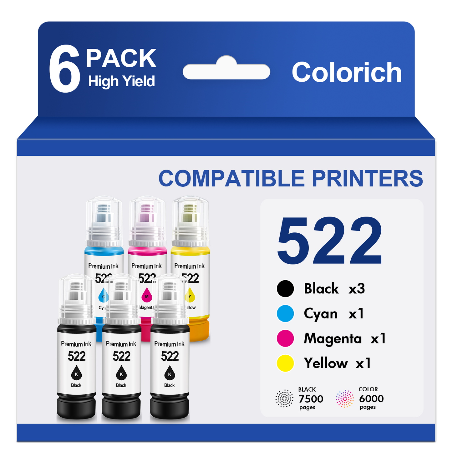 522 Ink Refill Bottles Compatible for Epson Ink 522 for EcoTank Printers ET-2800 ET-2400 ET-2720 ET-2803 ET-2840 ET-4700 ET-4800 ET-4810 (6 Pack)