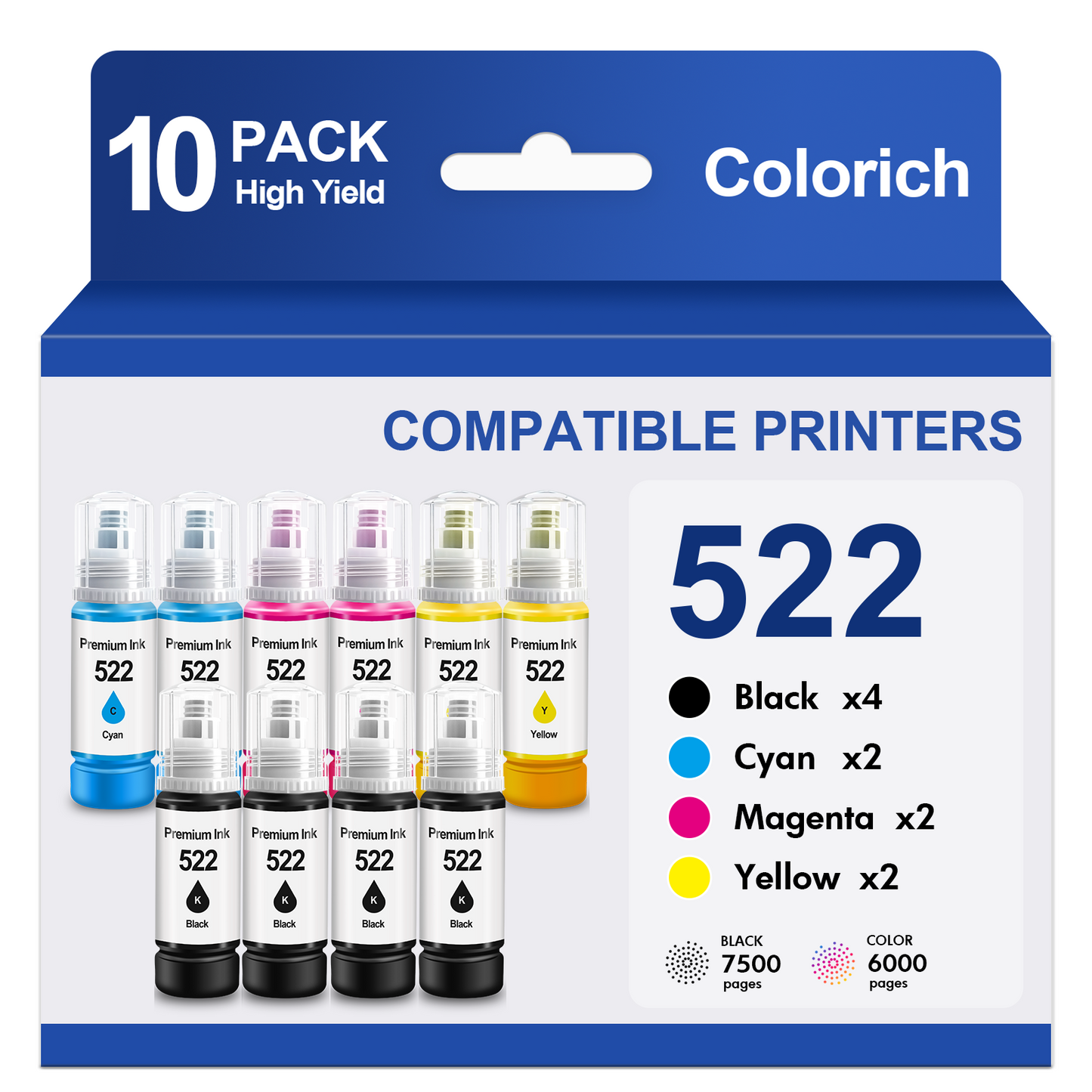 522 Ink Refill Bottles Compatible for Epson Ink 522 for EcoTank Printers ET-2800 ET-2400 ET-2720 ET-2803 ET-2840 ET-4700 ET-4800 ET-4810 (10 Pack)