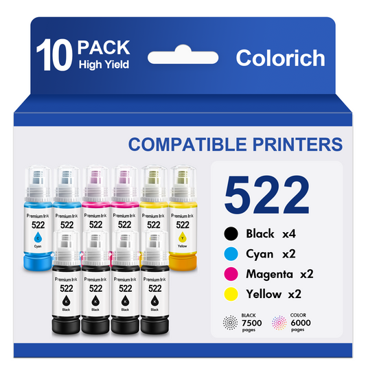 522 Ink Refill Bottles Compatible for Epson Ink 522 for EcoTank Printers ET-2800 ET-2400 ET-2720 ET-2803 ET-2840 ET-4700 ET-4800 ET-4810 (10 Pack)