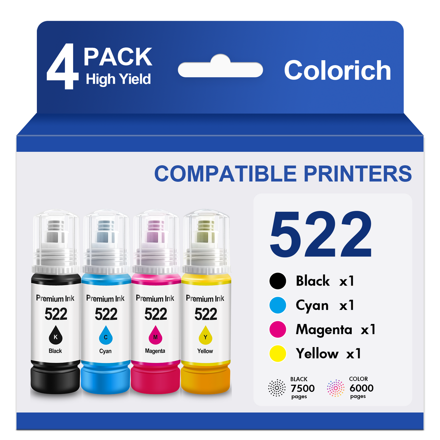 522 Ink Refill Bottles Compatible for Epson Ink 522 for EcoTank Printers ET-2800 ET-2400 ET-2720 ET-2803 ET-2840 ET-4700 ET-4800 ET-4810 (4 Pack)