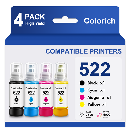 522 Ink Refill Bottles Compatible for Epson Ink 522 for EcoTank Printers ET-2800 ET-2400 ET-2720 ET-2803 ET-2840 ET-4700 ET-4800 ET-4810 (4 Pack)