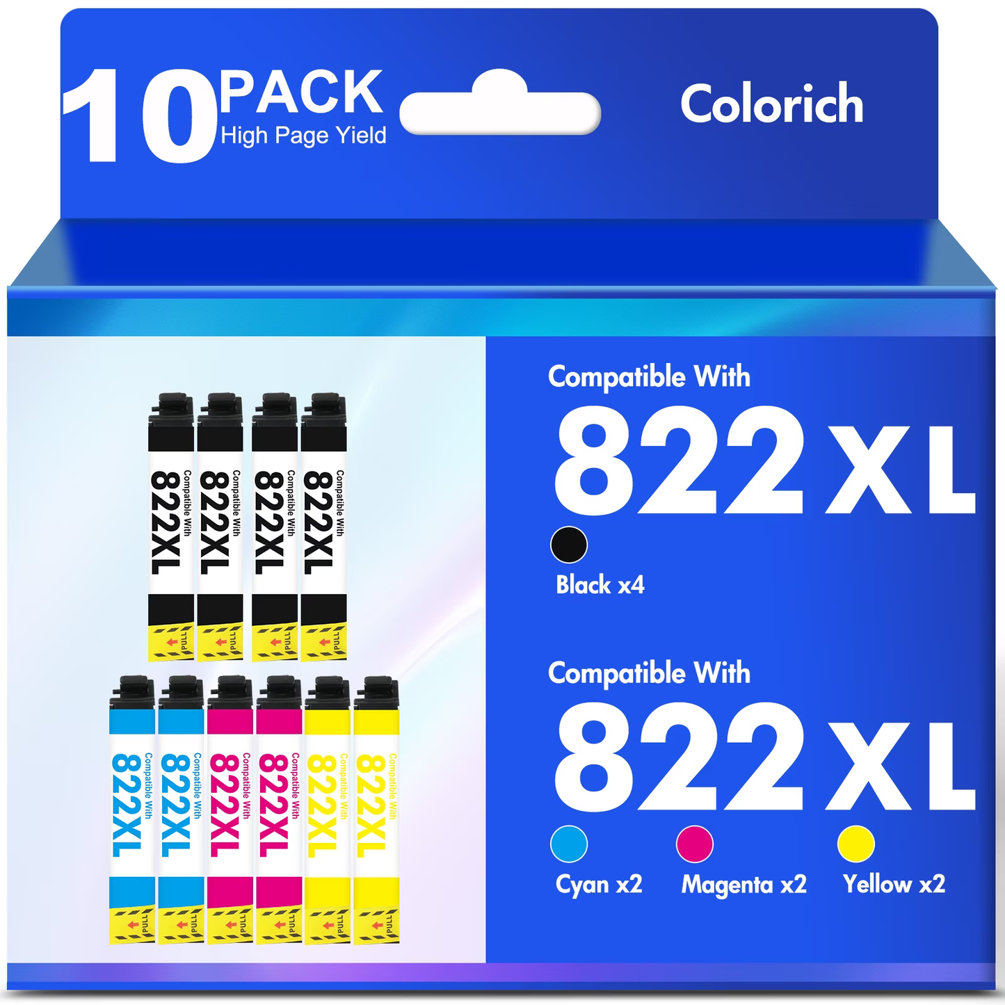822 XL Ink Cartridges 10 Pack Compatible for Epson 822XL 822 Printer Ink Combo Pack for WorkForce Pro WF-3820 WF-4820 WF-4830 WF-4833 WF-4834 WF-3823 (4 Black, 2 Cyan, 2 Magenta, 2 Yellow)