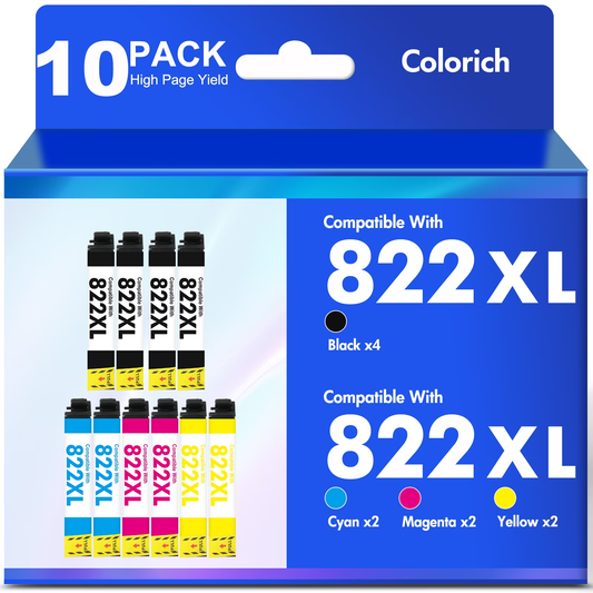 822 XL Ink Cartridges 10 Pack Compatible for Epson 822XL 822 Printer Ink Combo Pack for WorkForce Pro WF-3820 WF-4820 WF-4830 WF-4833 WF-4834 WF-3823 (4 Black, 2 Cyan, 2 Magenta, 2 Yellow)