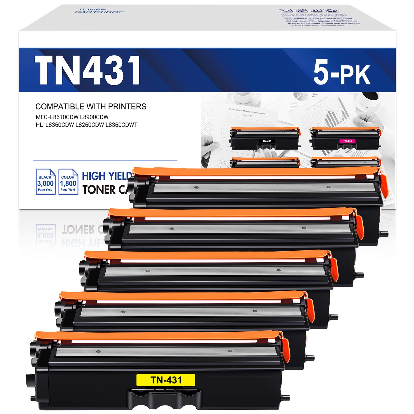 TN431 TN433 Toner Cartridge Compatible for Brother TN-431BK TN-431C TN-431M TN-431Y for Use with HL-L8260CDW L8360CDW L8360CDWT, MFC-L8610CDW L8900CD (2*Black, Cyan, Magenta, Yellow,5-Pack)