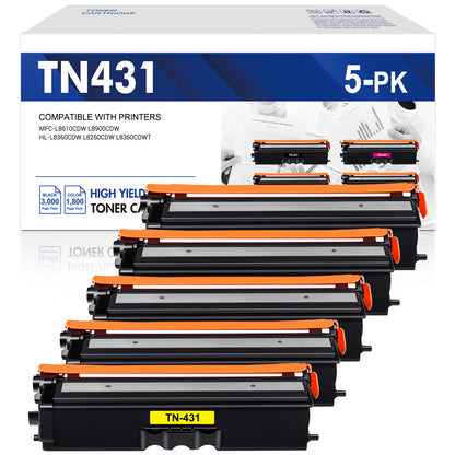 TN431 TN433 Toner Cartridge Compatible for Brother TN-431BK TN-431C TN-431M TN-431Y for Use with HL-L8260CDW L8360CDW L8360CDWT, MFC-L8610CDW L8900CD (2*Black, Cyan, Magenta, Yellow,5-Pack)