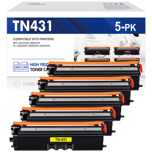 TN431 TN433 Toner Cartridge Compatible for Brother TN-431BK TN-431C TN-431M TN-431Y for Use with HL-L8260CDW L8360CDW L8360CDWT, MFC-L8610CDW L8900CD (2*Black, Cyan, Magenta, Yellow,5-Pack)
