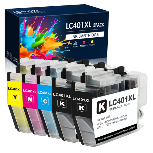 LC401XL Ink Cartridge Compatible for Brother LC401 LC401XL for Brother MFC-J1010DW MFC-J1012DW MFC-J1170DW Printer (Black Cyan Magenta Yellow, 5 Pack)