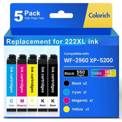 222XL Ink Cartridges 5 Pack Compatible for Epson 222XL 222 Printer Ink Combo Pack Epson Expression Home XP-5200 WorkForce Pro WF-2960 All-in-One (2 Black, 1 Cyan, 1 Magenta, 1 Yellow)