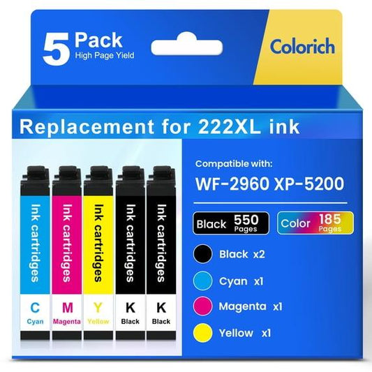 222XL Ink Cartridges 5 Pack Compatible for Epson 222XL 222 Printer Ink Combo Pack Epson Expression Home XP-5200 WorkForce Pro WF-2960 All-in-One (2 Black, 1 Cyan, 1 Magenta, 1 Yellow)
