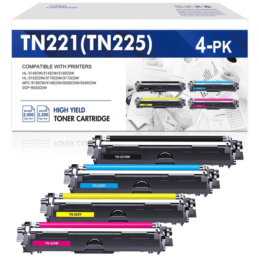 TN225 TN221 Toner Cartridge Compatible for Brother TN-221 TN-225 Toner TN221BK TN225C TN225M TN225Y HL-3170CDW MFC-9340CDW HL-3140CW MFC-9330CDW MFC-9130CW Printer Ink (Black,Cyan,Magenta,Yellow)