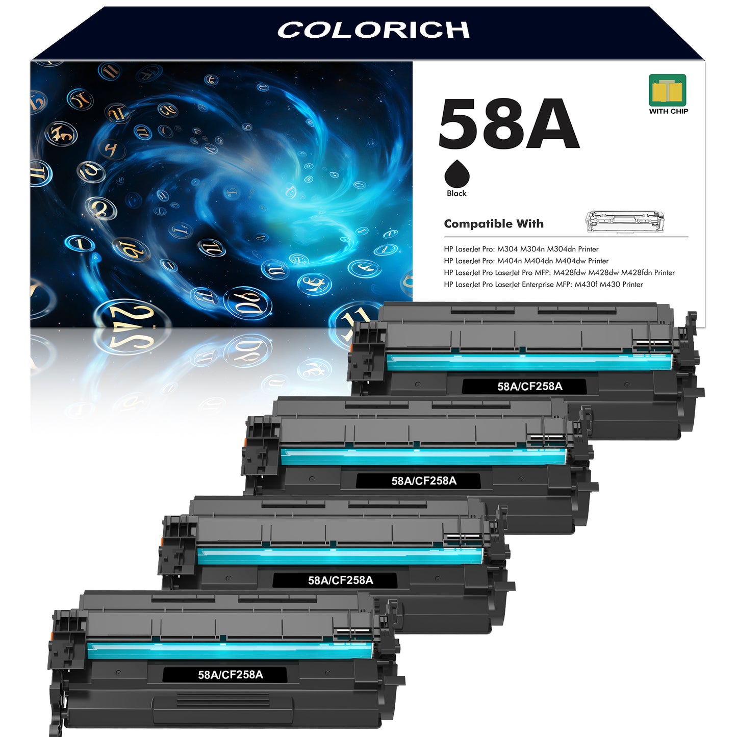 58A Toner Cartridge Black CF258A (With Chip) Compatible for HP 58A 58X M404 M404dn M404n Laserjet Pro MFP M428fdw M428dw M428fdn M428 M430 M406 Printer Ink | 4-Pack