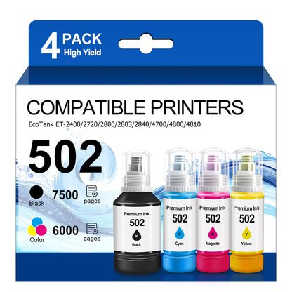 Ink Refill Bottles Compatible for 502 Ink Bottle Fit for Epson ET-2700/2750/3700/3750/4750/15000/ST-2000/3000/4000 Printers£¬4 Bottle