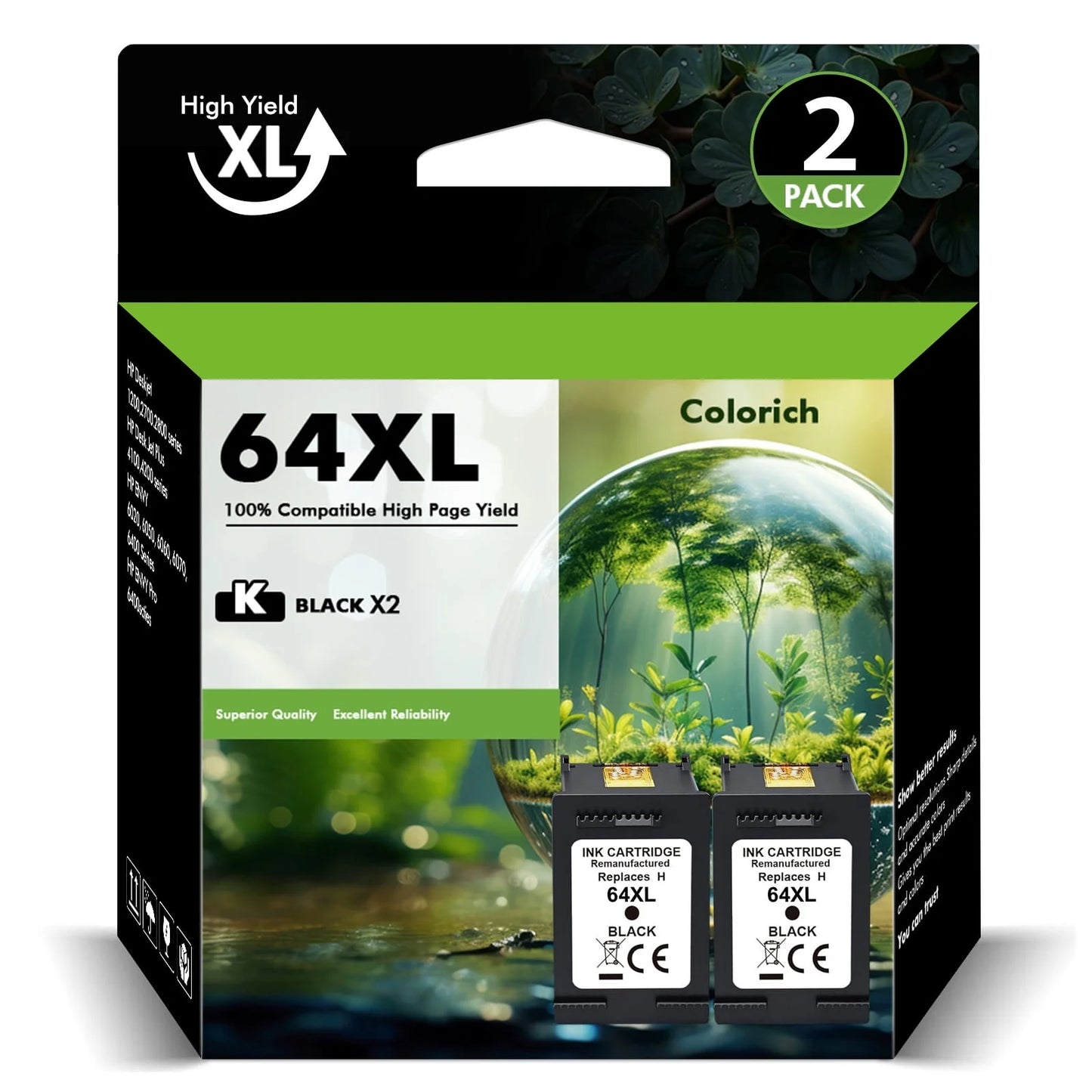 64XL 64 Ink Cartridges Compatible for HP 64XL 64 2 Pack Black Ink for Envy Photo 7855 7858 7155 7120 7800 6255 6252 7158 7164 (2 Black)