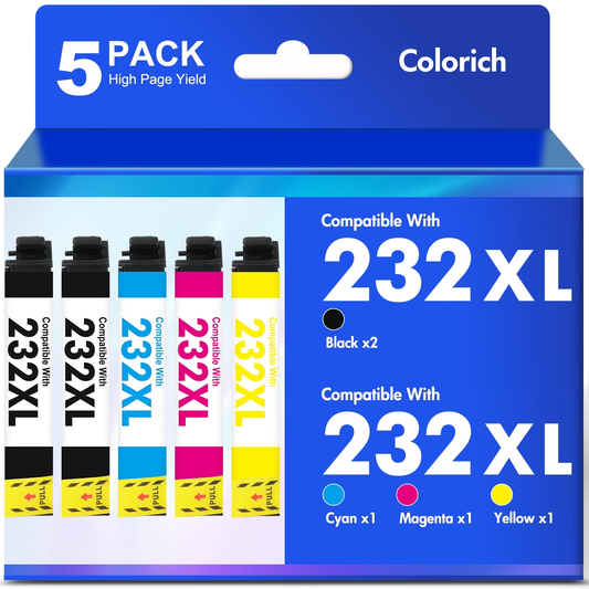 5 Pack, 232XL Ink Cartridges Compatible for Epson 232 232XL Printer Ink Combo Pack for Workforce WF-2930 WF-2950 Expression XP-4200 XP-4205 (2 x Black, Cyan, Magenta, Yellow)