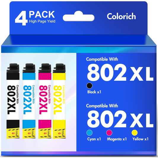 802XL Ink Cartridges 4 Pack Compatible for Epson 802XL 802 Printer Ink Combo Pack for Epson WF-4740 WF-4730 WF-4720 WF-4734 WF-4745 EC-4020 EC-4030 EC-4040 (1 Black, 1 Cyan, 1 Magenta, 1 Yellow)