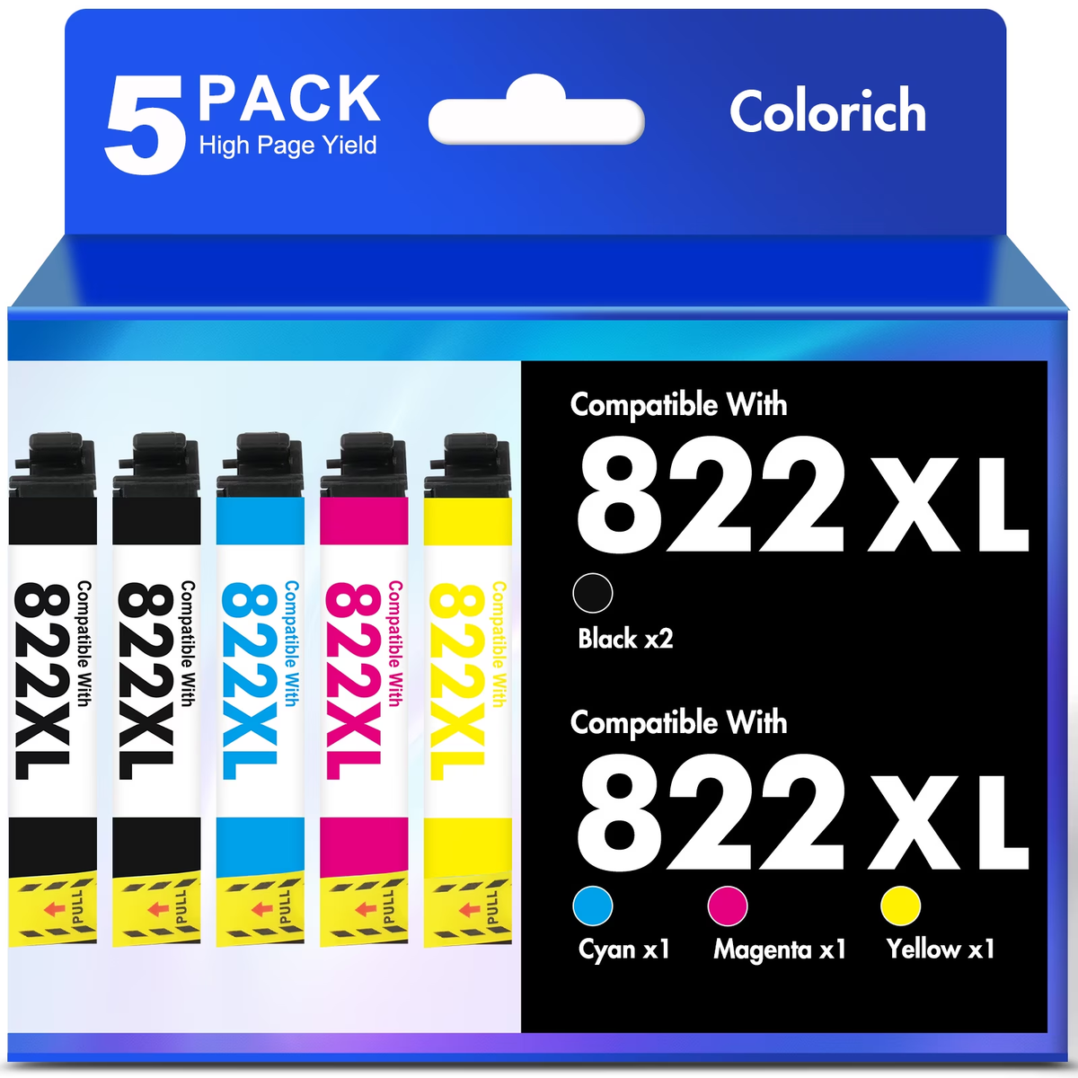 822XL Ink Cartridges 5 Pack Compatible for Epson 822 822XL Printer Ink Combo Pack for WorkForce Pro WF-3820 WF-4820 WF-4830 WF-4833 WF-4834 WF-3823 (2 x Black, Cyan, Magenta, Yellow)
