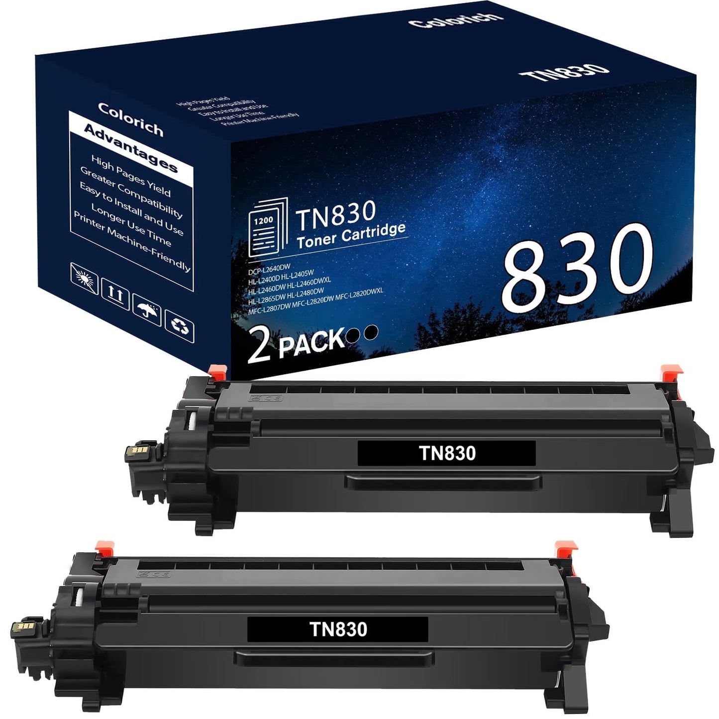 Colorich TN830 TN830XL Toner Cartridge Compatible for Brother TN830 TN-830 HL-L2460DW DCP-L2640DW HL-L2405W MFC-L2820DW HL-L2400D Printer Ink Black 2-Pack