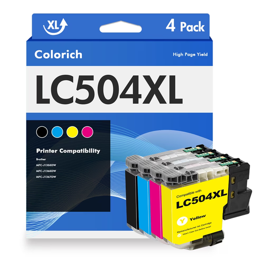 LC504 Ink Cartridges High Yield Compatible for Brother LC504 LC-504 Work for Brother MFC-J1205W MFC-J1215W MFC-J1205W XL Printer Ink (Black Cyan Magenta Yellow,4 Pack)