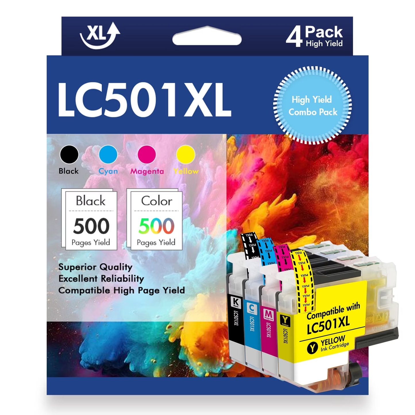 LC501 LC501XL Ink Cartridges Compatible for Brother Work Smart 1360 MFC-J1360DW MFC-J1260W MFC-J1260DW MFC-J1410DW MFC J1360DW J1260W J1260DW J1410DW Printer 4 Pack Black Cyan Magenta Yellow
