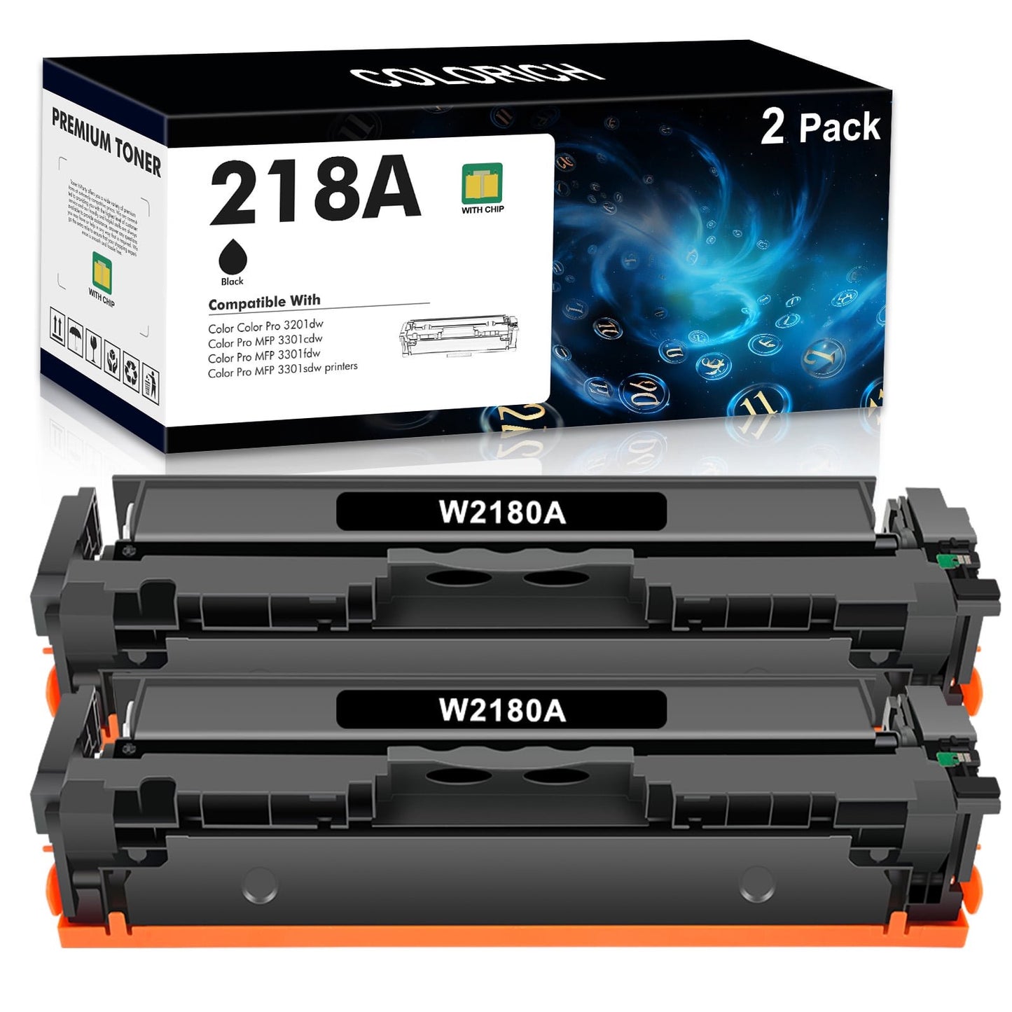 218A Black Toner Cartridges 2 Pack With Chip Compatible for HP 218A W2180A 218X W2180X 218 3301fdw Color Laserjet Pro MFP 3301fdw 3301cdw 3201dw 3301sdw 3301 3201 Series Printer High Yield Ink