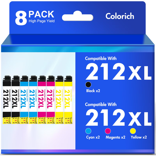 8-Pack 212XL Ink Cartridges Compatible for Epson 212 212XL Printer Ink Combo Pack for WorkForce WF-2850 WF-2830 Expression Home XP-4100 XP-4105 (Black, Cyan, Magenta, Yellow)