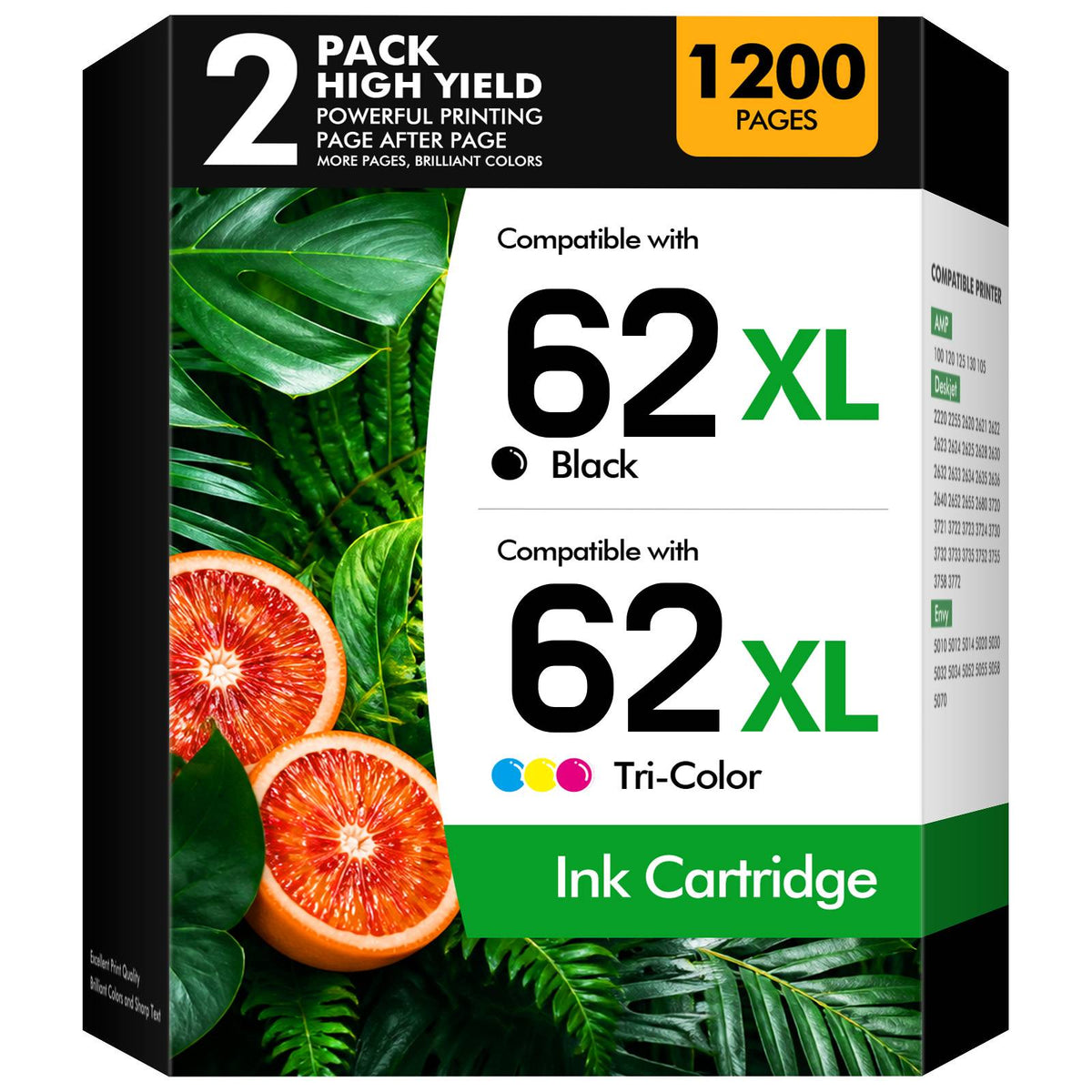 62XL Ink Cartridges Compatible for HP 62 Ink Cartridge Combo Pack HP Ink 62 for Envy 5660 7645 7640 5540 OfficeJet 250 Printer，Black and Color