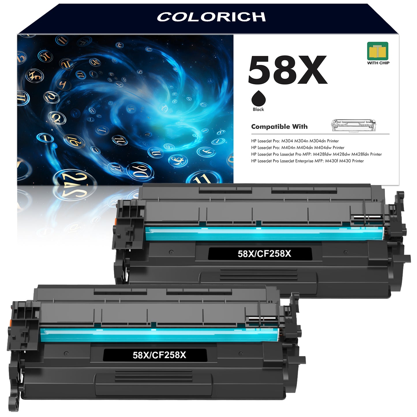 58X CF258X 58A CF258A | 2-Pack (with CHIP) Compatible for HP CF258A 58A CF258X 58X Toner for LaserJet Pro M404n M404dn M404dw M406 M430 MFP M428fdw M428fdn M428dw (Black)