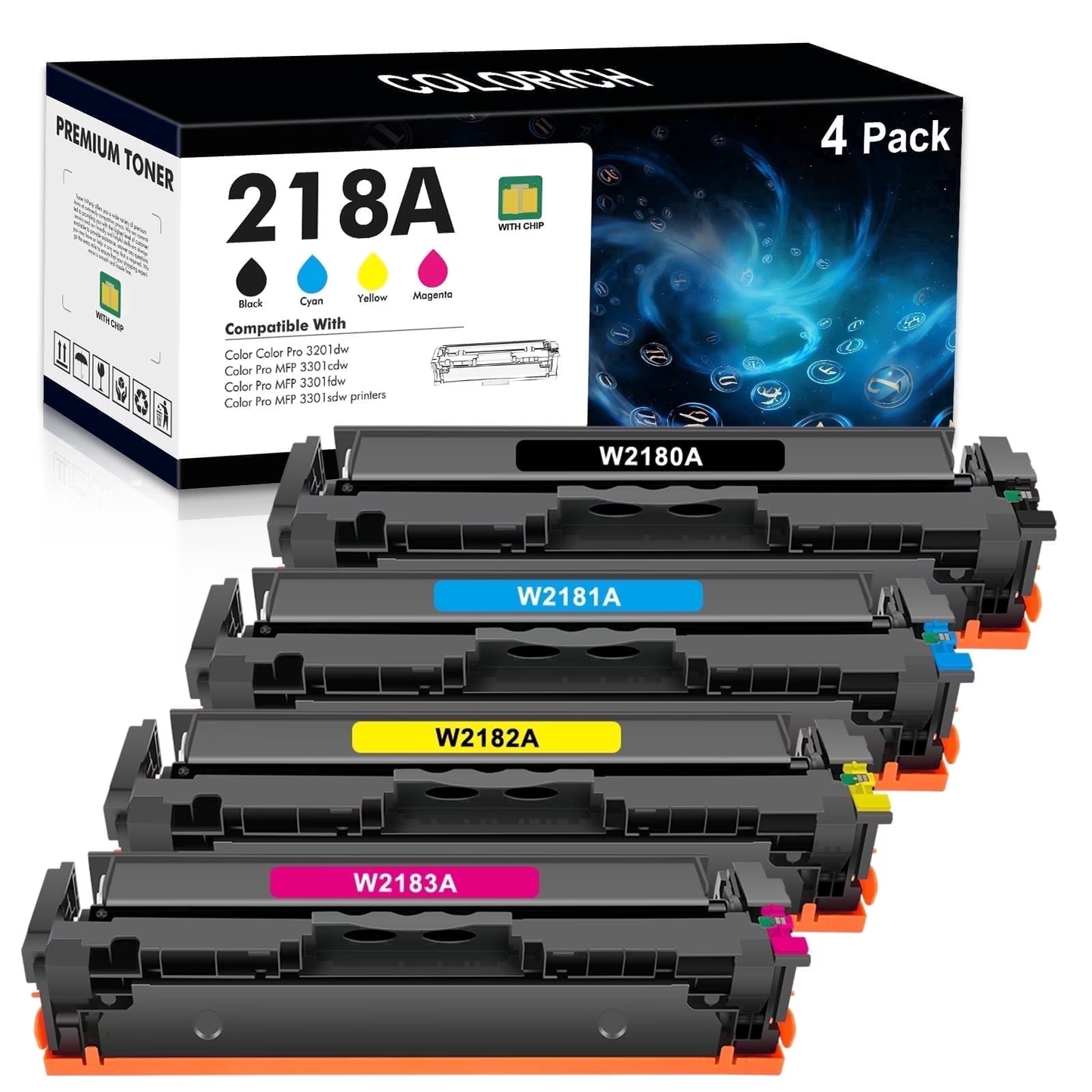 218A Toner Cartridges 4 Pack With Chip Compatible for 218A W2180A 218X W2180X 218 3301fdw Color Laserjet Pro MFP 3301fdw 3301cdw 3201dw 3301sdw 3301 3201 Series Printer High Yield Ink