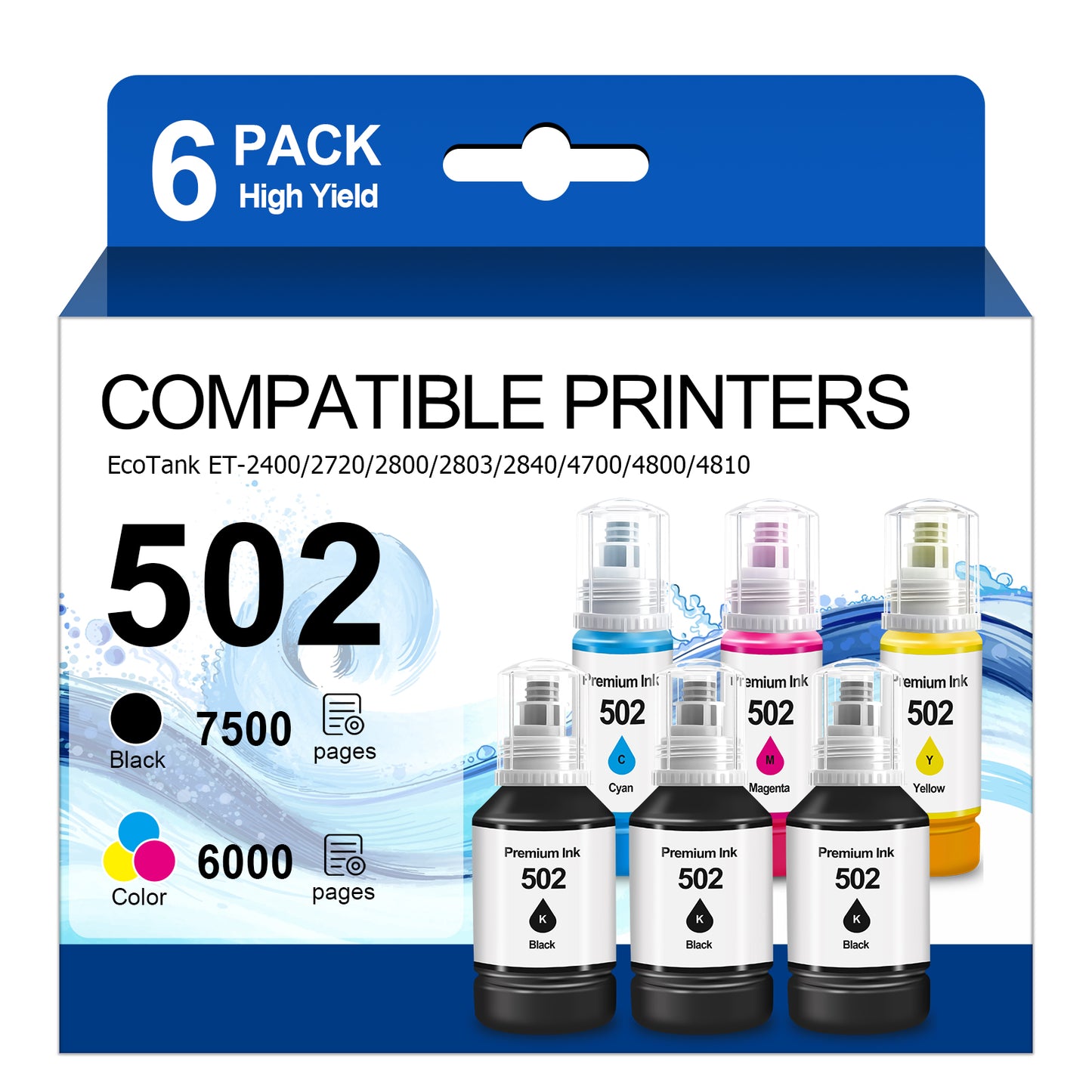 Ink Refill Bottles Compatible for 502 Ink Bottle Fit for Epson ET-2700/2750/3700/3750/4750/15000/ST-2000/3000/4000 Printers£¬6 Bottle