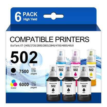 Ink Refill Bottles Compatible for 502 Ink Bottle Fit for Epson ET-2700/2750/3700/3750/4750/15000/ST-2000/3000/4000 Printers£¬6 Bottle