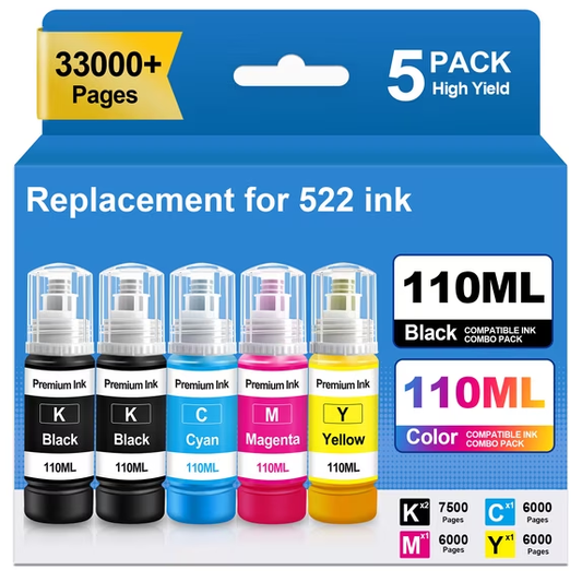 522 Ink Refill Bottles Compatible for Epson Ink 522 for EcoTank Printers ET-2800 ET-2400 ET-2720 ET-2803 ET-2840 ET-4700 ET-4800 ET-4810 (5 Pack)