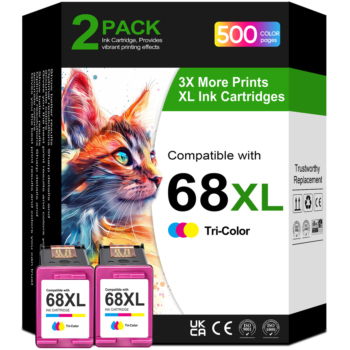68XL Ink Cartridges Compatible with HP Ink 68 Tri-Color for Envy 6120e 6152e 6155e 6552e 6555e 6558e Printer (2 Tri-Color)