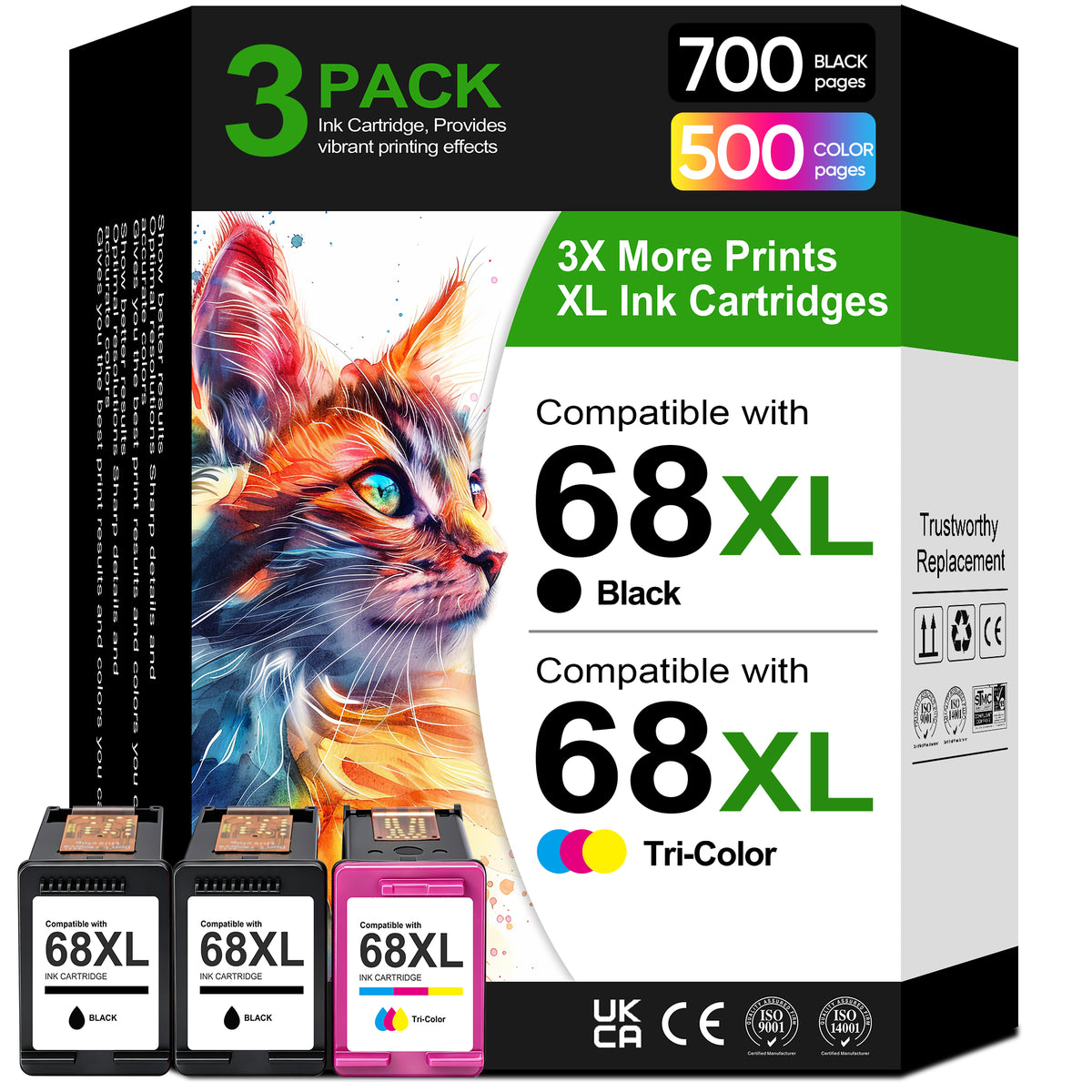 68 XL Ink Cartridge Compatible for HP 68 68e Ink Cartridges 2 Black 1 Tri-Color for Envy 6120e 6152e 6155e 6552e 6555e 6558e Printer (3 Pack)