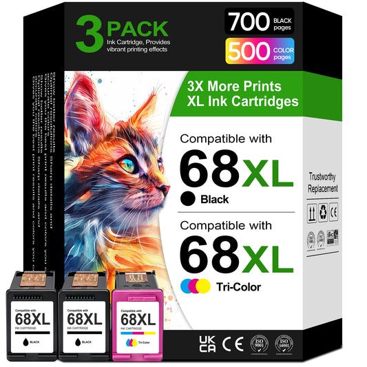 68 XL Ink Cartridge Compatible for HP 68 68e Ink Cartridges 2 Black 1 Tri-Color for Envy 6120e 6152e 6155e 6552e 6555e 6558e Printer (3 Pack)
