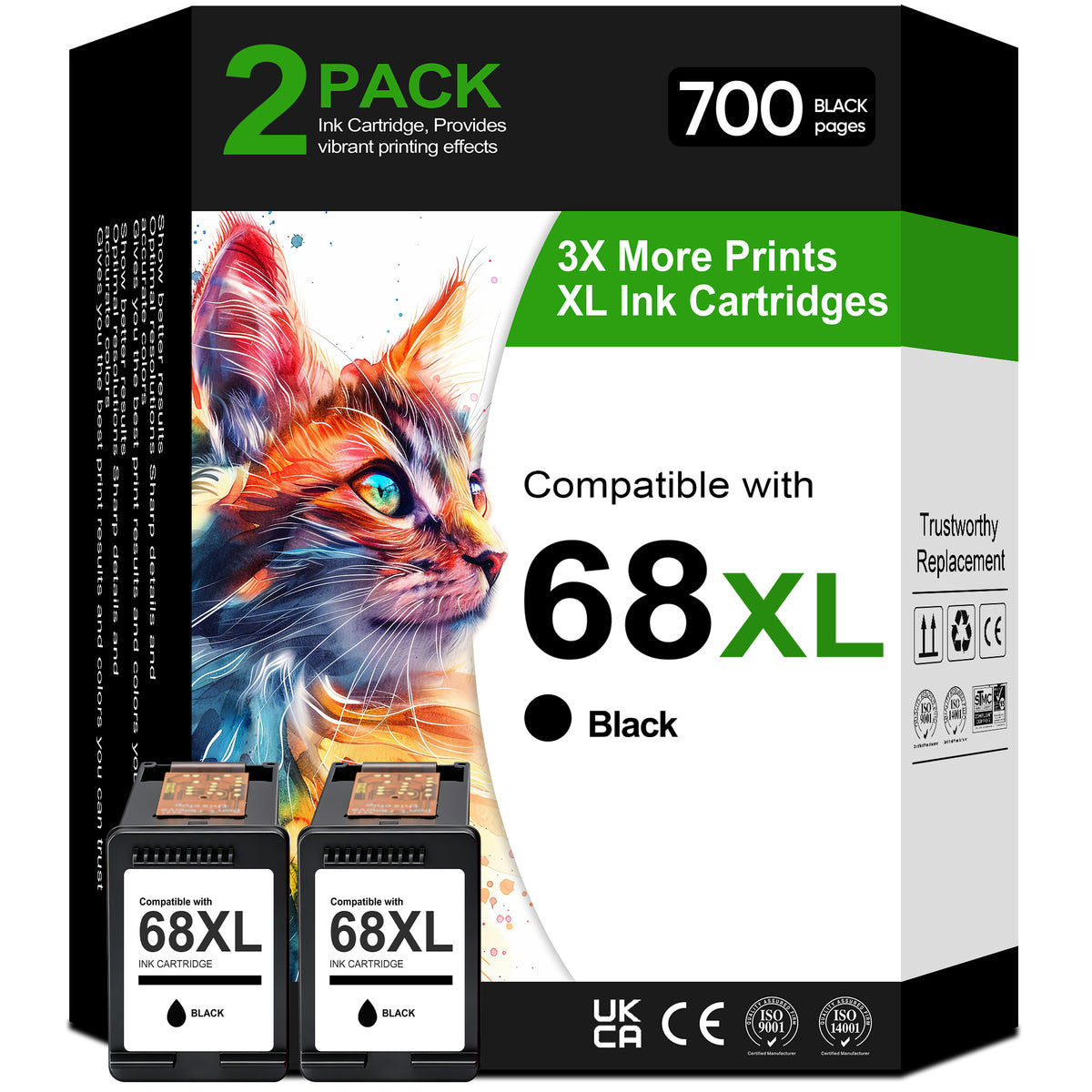 68XL Black Ink Cartridges Compatible with HP 68 68e Ink for Envy 6120e 6152e 6155e 6552e 6555e 6558e Printer (2 Black)