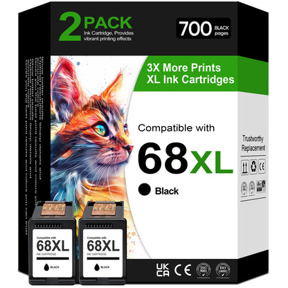 68XL Black Ink Cartridges Compatible with HP 68 68e Ink for Envy 6120e 6152e 6155e 6552e 6555e 6558e Printer (2 Black)
