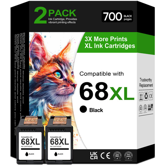 68XL Black Ink Cartridges Compatible with HP 68 68e Ink for Envy 6120e 6152e 6155e 6552e 6555e 6558e Printer (2 Black)