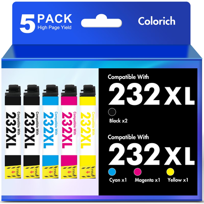 5 Pack, 232XL Ink Cartridges Compatible for Epson 232 232XL Printer Ink Combo Pack for Workforce WF-2930 WF-2950 Expression XP-4200 XP-4205 (2 x Black, Cyan, Magenta, Yellow)