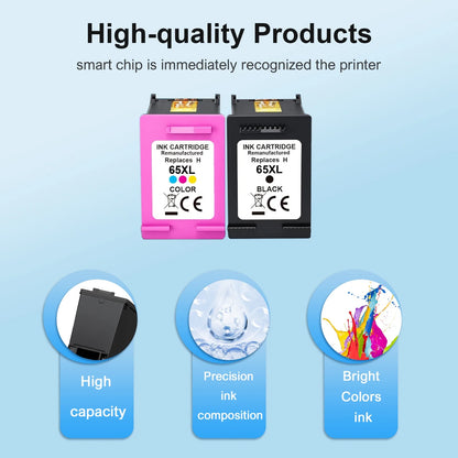 65XL Ink Cartridges Compatible for HP 65 65XL Black and Color for Envy 5055 5052 5058 Deskjet 3755 2655 2652 3722 2622 2624 2620 (1 Pack Black, 1 Pack Tri-color)