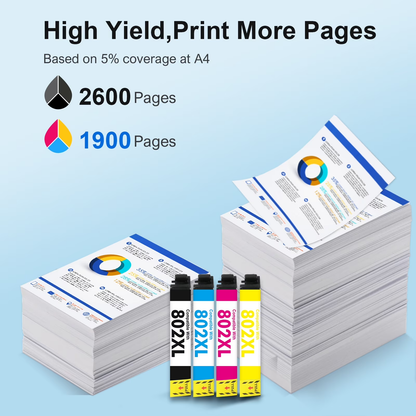 802XL Ink Cartridges 4 Pack Compatible for Epson 802XL 802 Printer Ink Combo Pack for Epson WF-4740 WF-4730 WF-4720 WF-4734 WF-4745 EC-4020 EC-4030 EC-4040 (1 Black, 1 Cyan, 1 Magenta, 1 Yellow)
