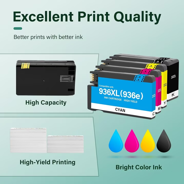 936e HP Ink Compatible for HP 936 Ink Cartridges 4 Pack With Chip Combo OfficeJet Pro 9730e 9130b 9125e 9120e 9130 9135e 9122e 9128e 9110b 9120b 9130e High Yield Printer Ink