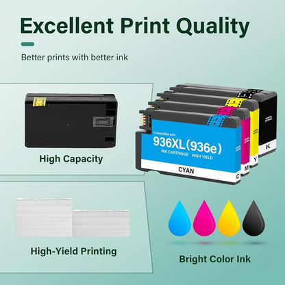 936e HP Ink Compatible for HP 936 Ink Cartridges 4 Pack With Chip Combo OfficeJet Pro 9730e 9130b 9125e 9120e 9130 9135e 9122e 9128e 9110b 9120b 9130e High Yield Printer Ink