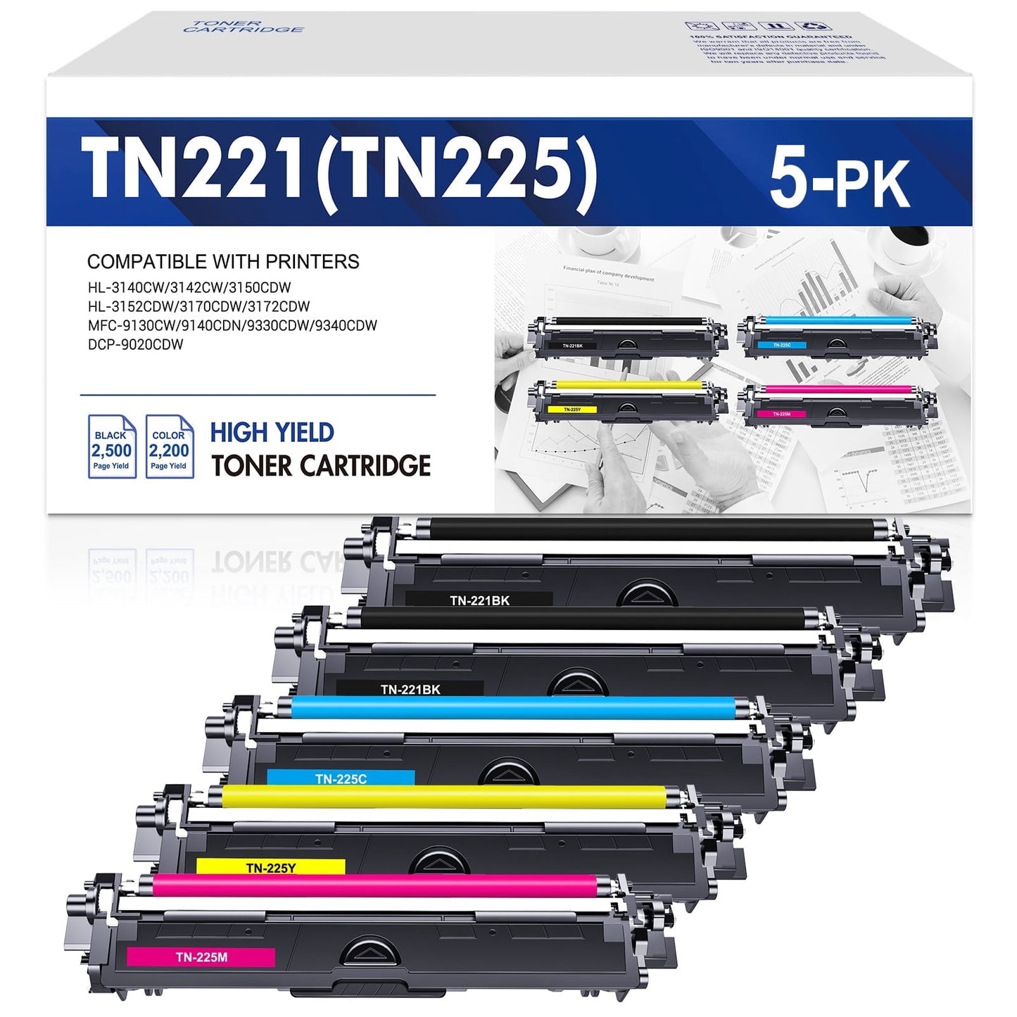 Colorich Compatible for Brother TN221 TN225 Toner Cartridges 5-Pack TN-221 TN221BK MFC-9130CW HL-3170CDW HL-3140CW HL-3180CDW MFC-9330CDW Printer Ink (Black Cyan Magenta Yellow)