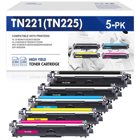 Colorich Compatible for Brother TN221 TN225 Toner Cartridges 5-Pack TN-221 TN221BK MFC-9130CW HL-3170CDW HL-3140CW HL-3180CDW MFC-9330CDW Printer Ink (Black Cyan Magenta Yellow)