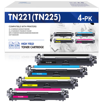 TN-221 TN-225 TN221 TN225 Toner Compatible for Brother TN221BK TN225C TN225M TN225Y HL-3170CDW MFC-9340CDW HL-3140CW MFC-9330CDW MFC-9130CW Printer Ink (Black,Cyan,Magenta,Yellow)