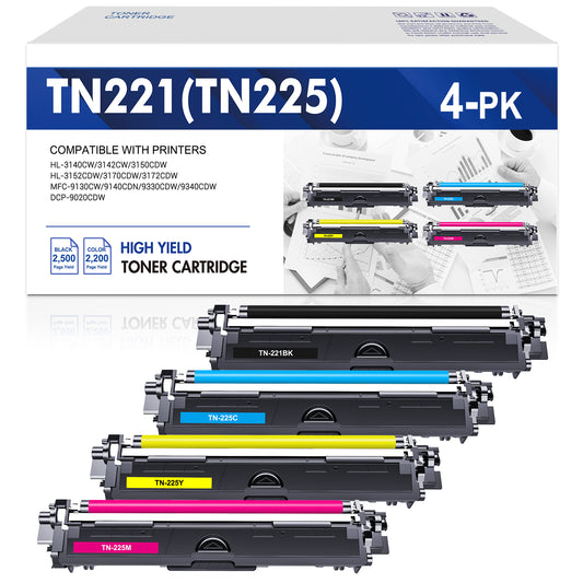 TN-221 TN-225 TN221 TN225 Toner Compatible for Brother TN221BK TN225C TN225M TN225Y HL-3170CDW MFC-9340CDW HL-3140CW MFC-9330CDW MFC-9130CW Printer Ink (Black,Cyan,Magenta,Yellow)